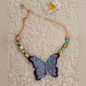 Betsey Johnson Crystal Butterfly Rhinestone Pendant Statement Necklace NWT